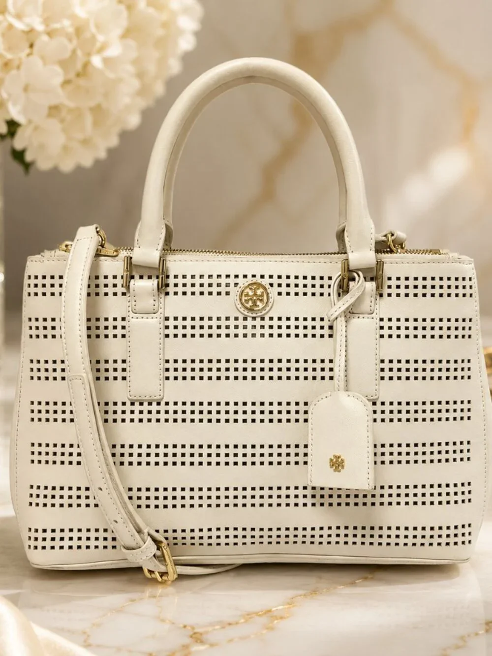 Tory Burch Robinson Perforated Double Zip Tote Birch White Saffiano Leather